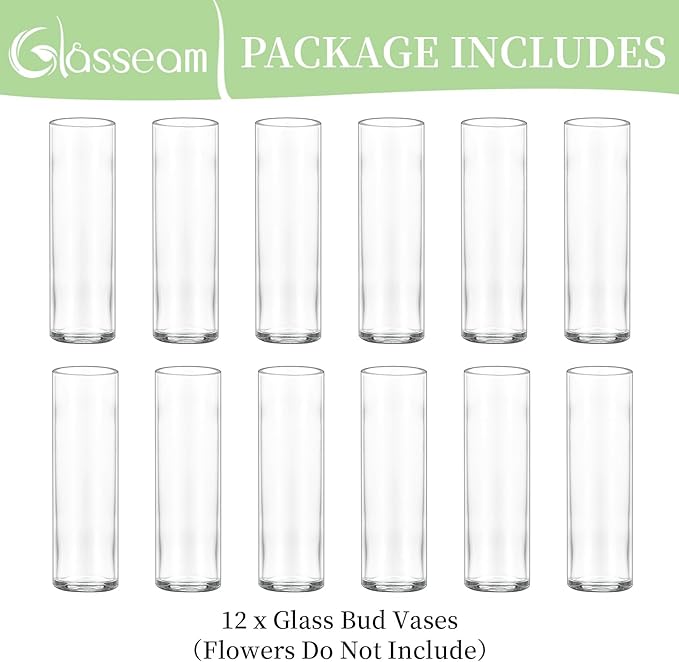 Small Cylinder Glass Vases for Centerpieces: Glasseam Clear Vase Set of 12 Modern Centerpiece Vases for Table Wedding Home Party Decor 5.9In Bud Vase for Flowers Single Stem Roses Tulips