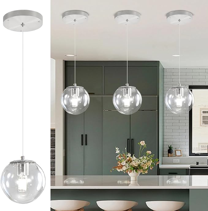 1 Light Globe Pendant Light for Kitchen Island Silver Pendant Light Fixtures with Clear Glass Globe Hanging Lights for Bedroom,Hallway,Bar