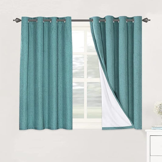 H.VERSAILTEX Linen Blackout Curtains 45 Inches Long 100% Absolutely Blackout Thermal Insulated Textured Linen Look Curtain Draperies Anti-Rust Grommet, Energy Saving with White Liner, 2 Panels, Teal