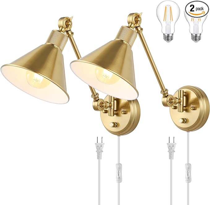TRLIFE Wall Sconce Plug in, Dimmable Wall Sconces Set of 2 Wall Lights with Plug in Cord and Dimmer On/Off Knob Switch, Brushed Brass Swing Arm Wall Light, UL Listed(2 Pack, 2 Bulbs)