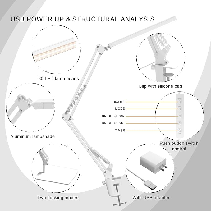 LED Desk Lamp with Clamp and Round Base,Eye Caring Table Lamp with Swing Arm,3 Color Modes 10 Brightness Levels,Memory Function,Desk Light for Home Office with USB Adapter White-14W