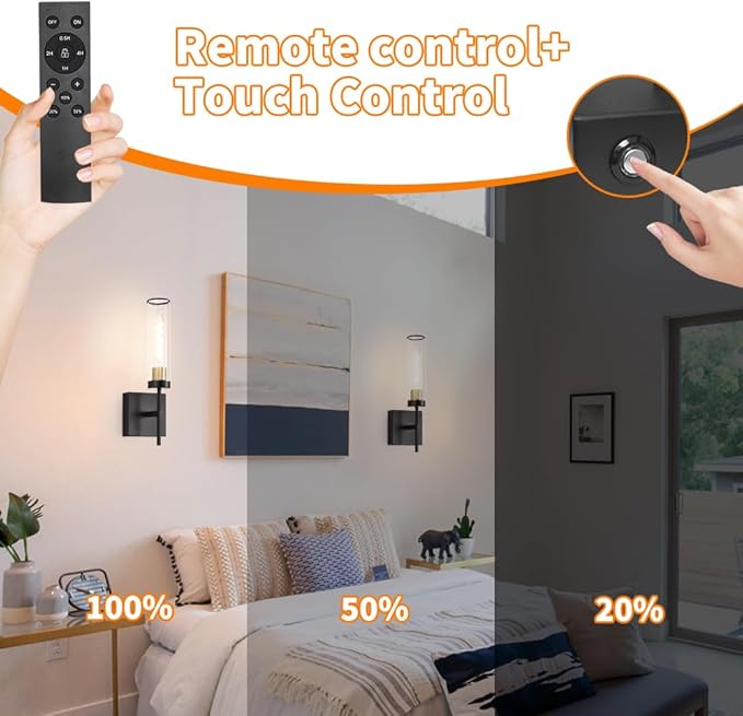 Battery Operated Wall Sconce, Black and Gold Battery Wall Sconce, Modern usb rechargeable Wall Light set of 2, Wireless Dimmable Wall Light Fixture with Remote Control, Wall Lamp with LED Bulbs(DC 5V)