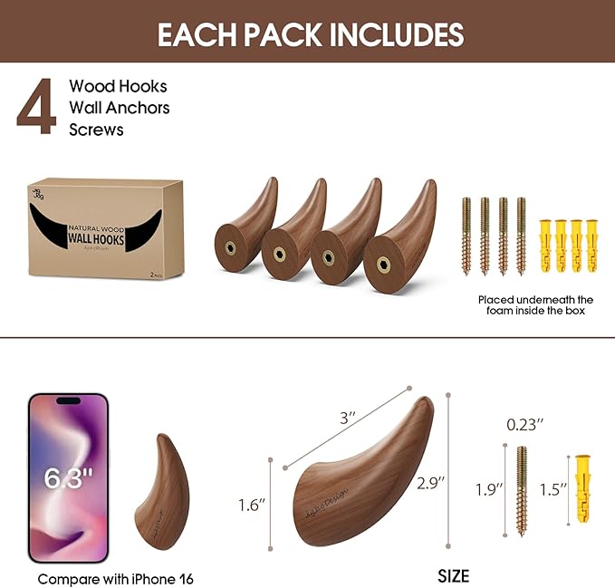 World’s Only - Unique Wall Hooks, 4 Pack Coat Hooks, Horn Shape Design, Decorative Bag Hooks, Cowboy Hat Rack for Wall – Natural, Space-Saving, Baseball Cap Organizer