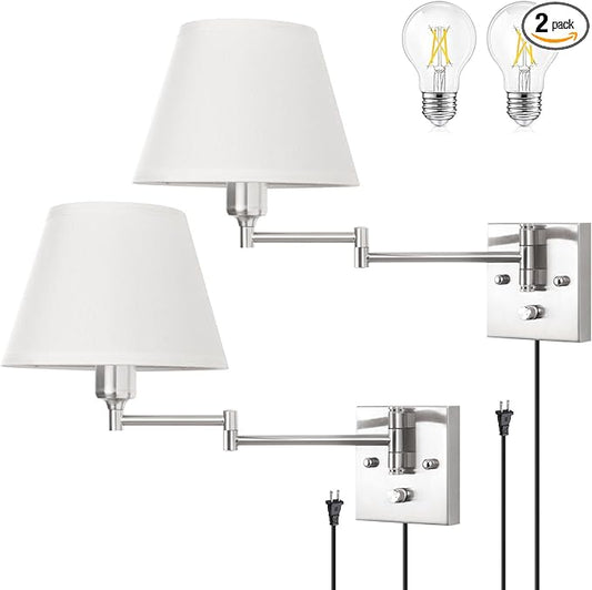 TRLIFE Wall Sconce Plug in, Dimmable Wall Sconces Set of 2 Brushed Nickel Swing Arm Wall Lights with Plug in Cord and On/Off Dimmer Rotary Switch, 9.4" Medium White Fabric Shade(2 Pack, 2 Bulbs)