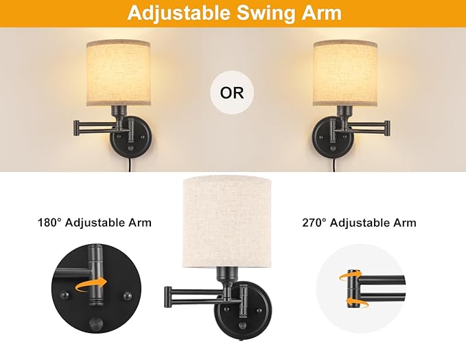 Plug in Wall Sconces with Remote Control, Dimming 10%-100% & Adjustable Colors 2700K-6500K, Hardwire or Plug-in, Swing Arm Wall Lamp with Linen Fabric Shade, Wall Sconces Set of Two, Black Finish