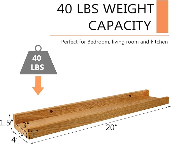 20 Inch Floating Shelves Wall Mounted, Rustic Wall Shelves for Decor and Storage, Natural Solid Oak Wood Shelf, Picture Ledge for Bedroom/Bathroom/Living Room/Kitchen, Natural Color, 20*4*1.5 (1 Pack)