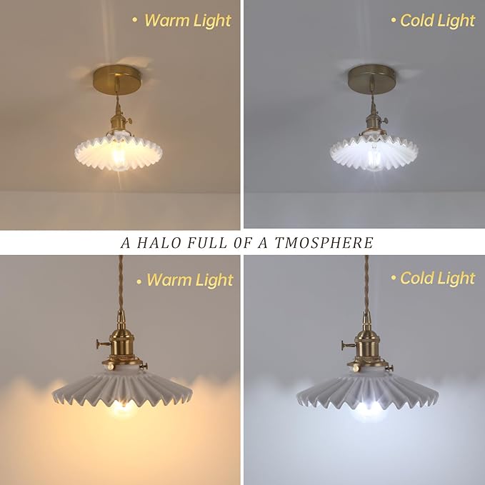 Pendant Light 2 Pack with White Pleated Ceramic Lmapshade, Brass Vintage Pendant Light Adjustable Hanging Light for Kitchen Island Dining Room Hallway