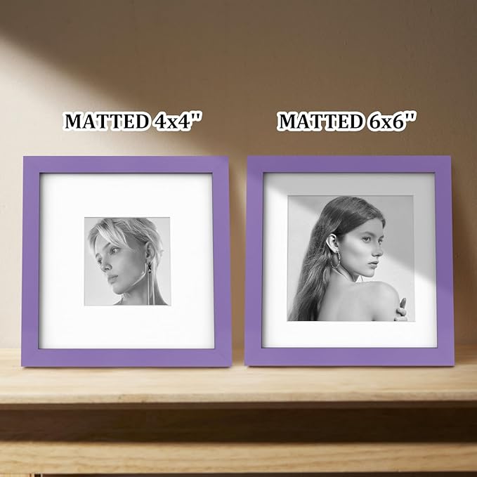 Egofine 8x8 Picture Frame 4PCS, Made of Solid Wood Covered by Plexiglass Display 4x4/6x6 with Mat or 8x8 without Mat, for Table Top Display and Wall Mounting Photo Frame, Purple
