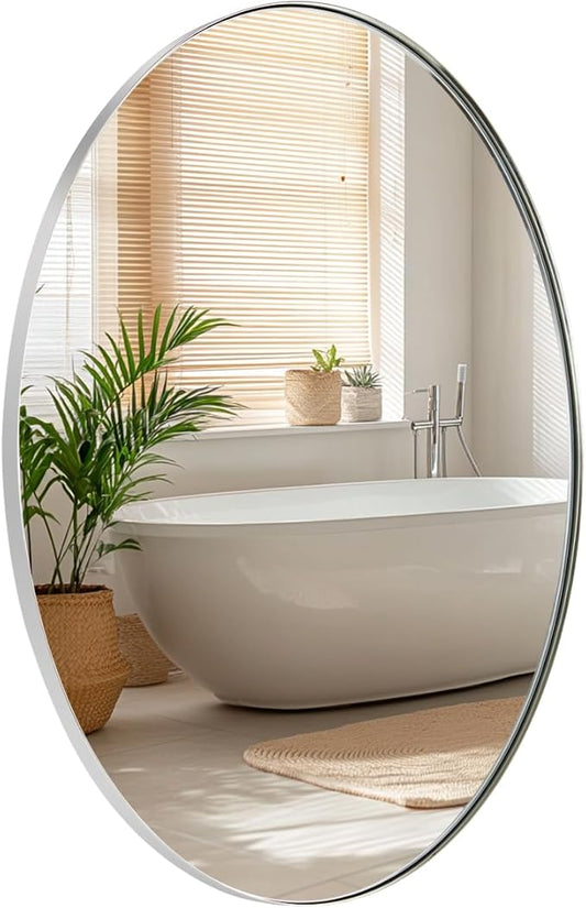 ANDY STAR Chrome Bathroom Mirror, Oval Bathroom Mirror 22 x 30 Inch, Polished Chrome Oval Wall Mirror for Bathroom, Oblong Pill Shaped Mirror Stainless Steel Frame Wall Mount Horizontal or Vertical