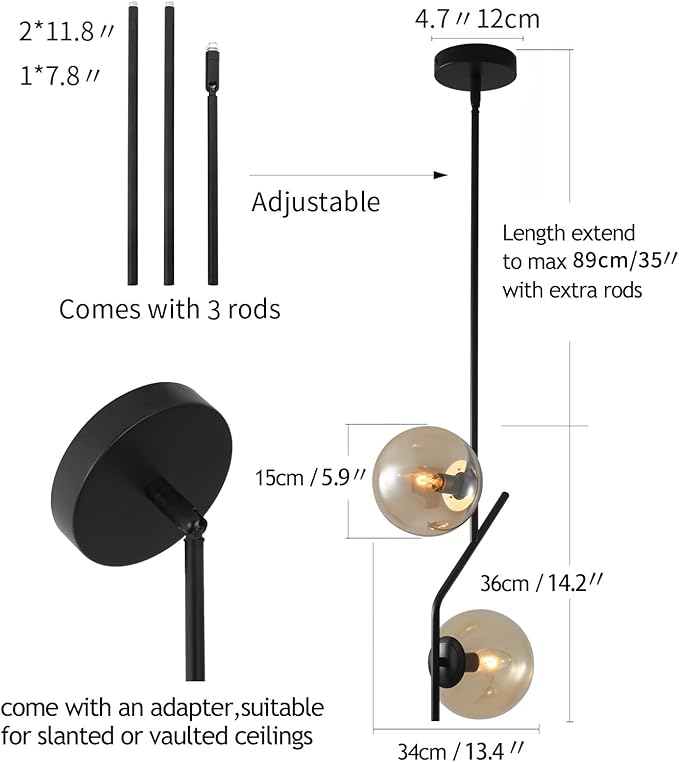 SeeU Lighting Pendant Light with Amber Glass Lampshade Mid Century Pendant Light Fixture Modern Chandelier for Kitchen Island,Bedroom,Dining Room