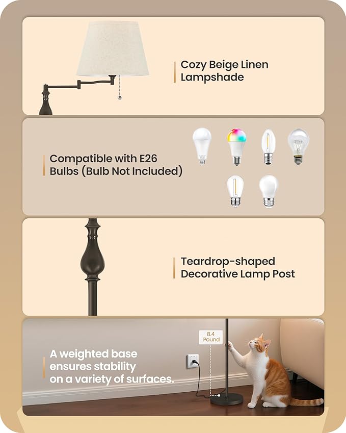 Vintage Floor Lamp with 350°Adjustable Swing Arm, 61” Mid-Century Modern Floor Lamp, Standing Pole Lamp with Pull Chain Switch, Antique Reading Lamp for Living Room, Bedroom, Office, Brown CE13LD05