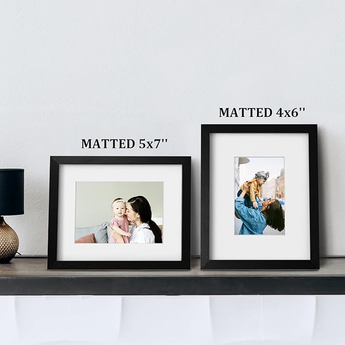 Egofine 8x10 Picture Frames 4PCS, Made of Solid Wood Display 4x6 and 5x7 with Mat Covered by Plexiglass, for Table Top Display and Wall Mounting Photo frame, Black with Texture