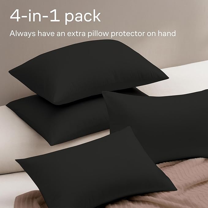 Ultra Soft Pillow Protectors with Zipper Queen Size - Set of 4 Breathable Pillow Covers - 100% Protection Against Stains, Dust & Dirt - Machine Washable (Black)