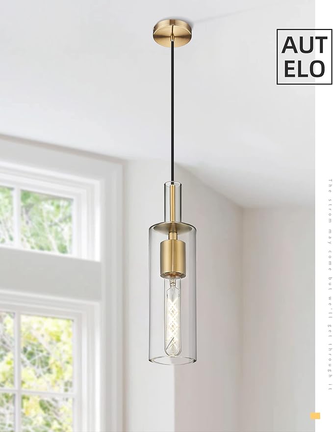 AUTELO 1-Light Pendant Lights Kitchen Island - Gold Pendant Light Fixtures, Vintage Hanging Lamp in Metal Finish with Clear Linear Glass, Kitchen Pendant Lighting over Island for Dining Room, H3875 BG