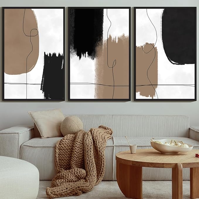 KUVIOKE Neutral Abstract Framed Wall Art Beige Mid Century Textured Wall Decor Minimalist Line Modern Illustrations Art Print Home Decor 24x36in (Black Framed)