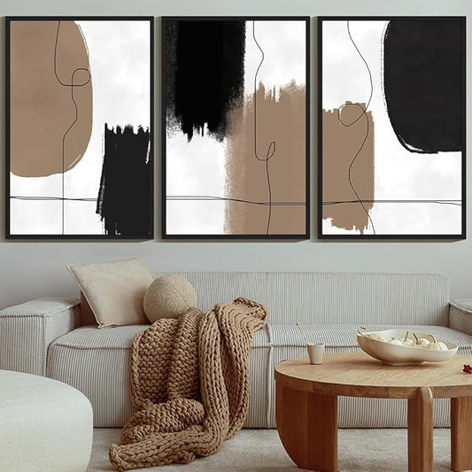 KUVIOKE Neutral Abstract Framed Wall Art Beige Mid Century Textured Wall Decor Minimalist Line Modern Illustrations Art Print Home Decor 24x36in (Black Framed)