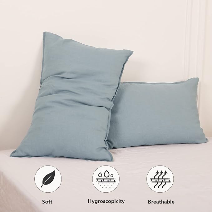Simple&Opulence 100% Linen Pillowcases Basic Style Solid Color Set of 2, Queen Size Stone Washed Flax Pillow Cover Envelope Closure (20''x30'', Dusty Blue)