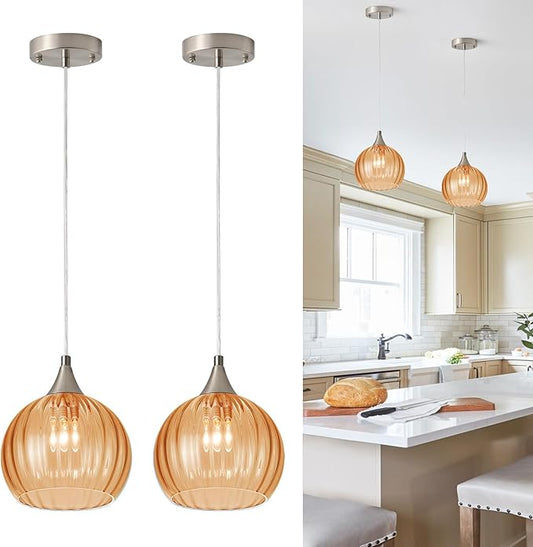 Brushed Nickel Pendant Lights Kitchen Island, Globe Pendant Light Fixtures with 8 Inch Clear Glass Shade, Modern Hanging Light Fixtures for Kitchen, Bedroom (2 Pack - Amber Glass Pendant Light)