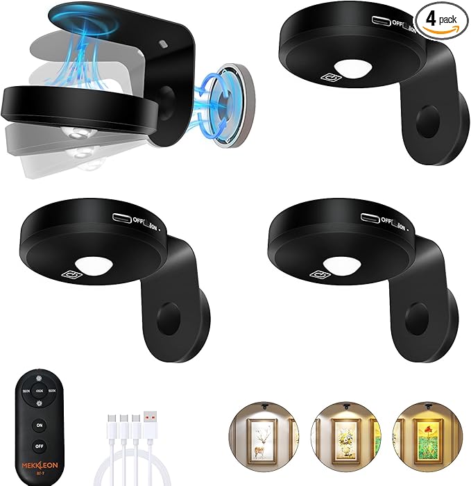 Picture Lights for Wall Wireless with Magnetic,2000mAh Rechargeable Picture Frame lights with Dimmable,Puck Lights with Remote Control,Art Lighting for Paintings,Counter, Shelf,Bookcase(4 Pack,Black)