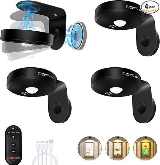 Picture Lights for Wall Wireless with Magnetic,2000mAh Rechargeable Picture Frame lights with Dimmable,Puck Lights with Remote Control,Art Lighting for Paintings,Counter, Shelf,Bookcase(4 Pack,Black)