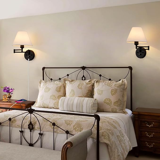 Swing Arm Wall Sconces, Plug-in Wall lamp,Bedroom Wall lamp ， White Fabric Shade，，with dimmable Switch and USB Charging Port, Suitable for Bedside, Living Room, Reading (Black)