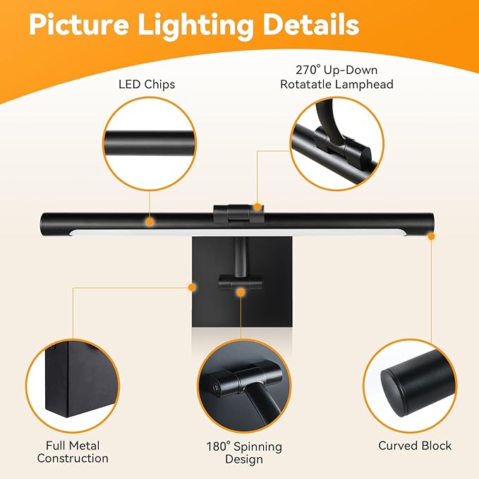 JO.KO 15.75 Inch LED Picture Lights for Wall Hardwired, Poster Art Gallery Light 10-100% Dimmable, 3000k Warm White Black Wall Sconces 7W CRI90 for Gallery Artwork, Paintings and Bathroom