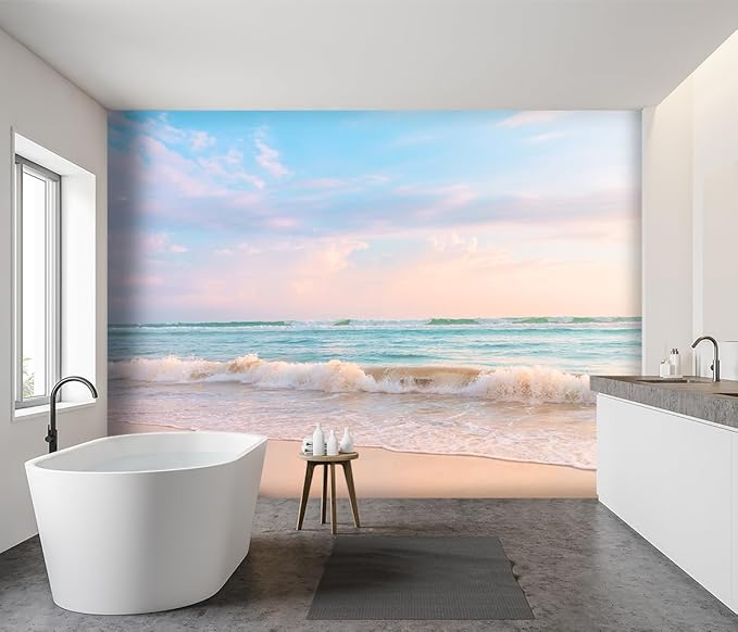 -Clear Waves Summer Beach Coastal Scenery Fabric Wallpaper Coastal Islands Living Room Bedroom Bathroom Boys Girls Kids Room Large Mural- 91"x65"（ not Peel and Stick）
