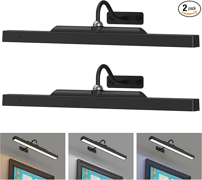 Wireless Dimmable Picture Light Black,16in Battery Operated Art Light for Wall Paintings – 5000mAh Rechargeable, Remote, 3 Color Temps, 350LM Wall Art Light for Frame, Portrait, Dartboard 2 Pack