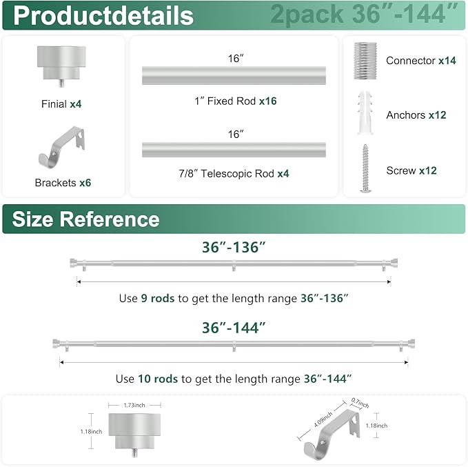 HEI! DEAR Curtain Rod 2 Pack 72 to 144 Inch(6-12ft),1 Inch Heavy Duty Adjustable Curtain Rod,Modern Decorative Drapery Rods,Telescoping Window Curtains Rods 72-144".