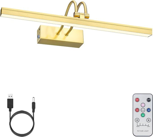 FUNCHDAY Picture Light Wireless, 13inch Rechargeable Battery Operated Gallery Painting Light with Remote, 280LM Dimmable Metal Art Lights for Paintings,Wall,Portrait (Brass)