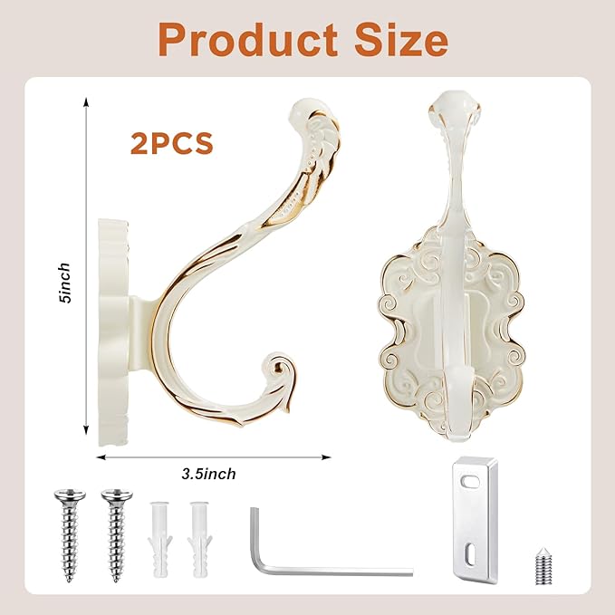 Zonon Vintage Coat Hooks Antique Wall Hooks Towel Hook for Hanging Purse Hat Keys Clothes Curtain Unique Heavy Duty Bathroom Hook for Wall(2 Pcs,White)