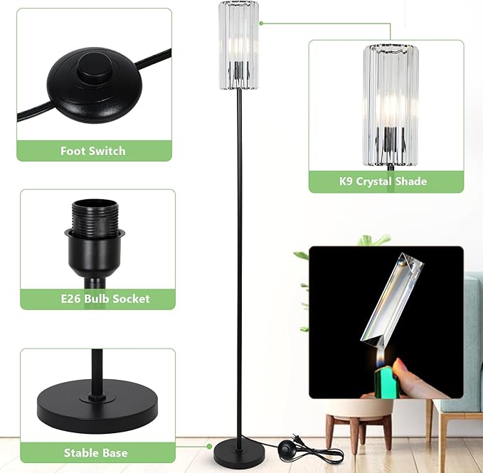 HMVPL Black Floor Lamp for Living Room, Elegant Floor Lamp for Bedroom with K9 Crystal Shade, Modern Standing Lamp for Corner with On/Off Switch, Pole Tall Lamp for Nursery Office Home Decor