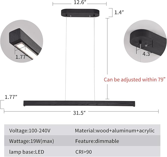 31.5" Black Linear Pendant Light Wooden Led Linear Pendant Light Fixtures Ceiling Hanging Dimmable Pendant Lights for Dining Room Kitchen Island Pool Table Lights Black Wood Finish