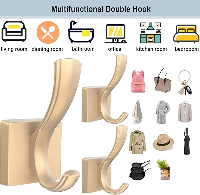 Gold Hooks for Wall Double Hooks, Heavy Duty Thick Bathroom Coat Hooks for Hanging Key Robe Hat Backpack, Wall Mount Hat Hooks Bath Towel Hooks(6 Pack, Gold)