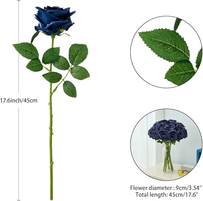 Artificial Navy Blue Flowers Silk Roses Long Stems Fake Bridal Wedding Bouquet for Home Garden Party Floral Decor 15pcs(VASE is NOT Included)
