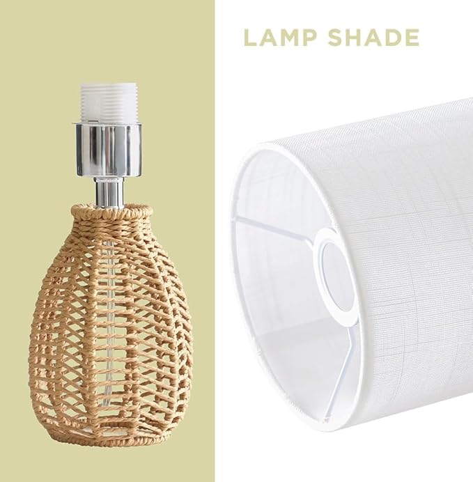 KUNJOULAM Rattan Table Lamp, Small Nightstand Lamp with Linen Fabric Lampshade, Desk Lamp Bedside Lamp for Living Room Home Office, Without Buld