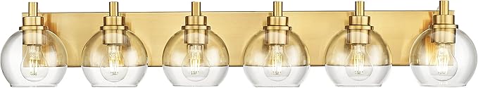 Bathroom Light Fixtures, 6 Light Brushed Gold Vanity Light, 38 Inch Modern Wall Sconces with Globe Clear Glass Shade, Vanity Lighting Fixtures Over Mirror, VL195-BG-6