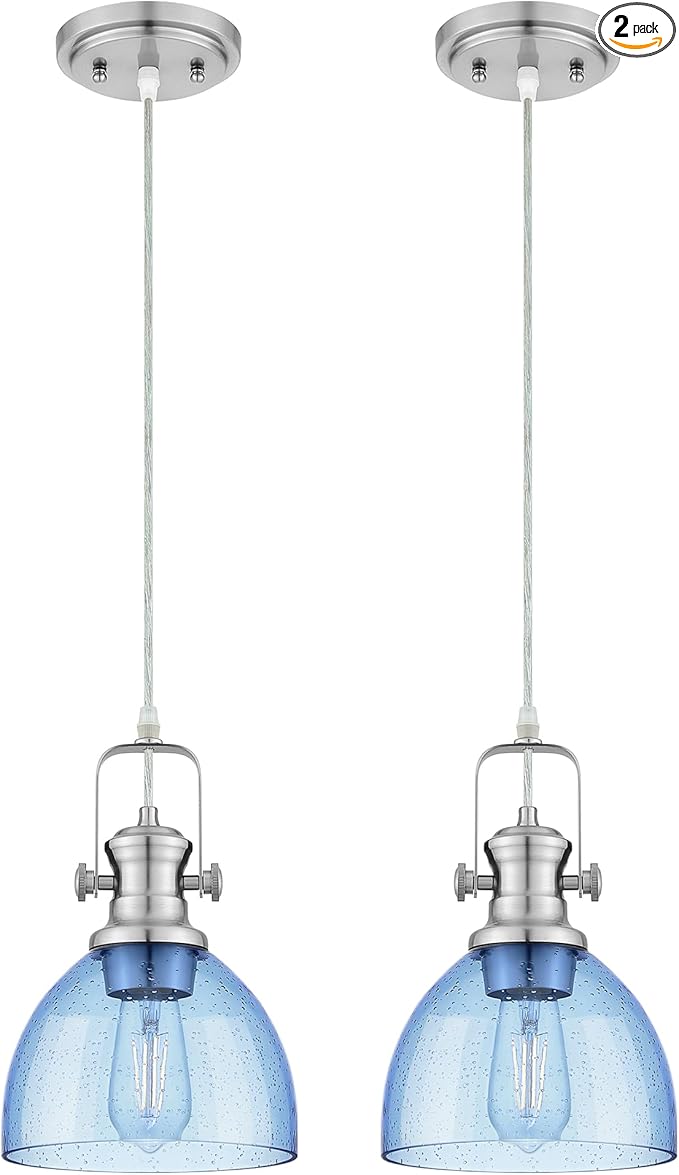 2 Pack Pendant Lights Kitchen Island, 7.5" Farmhouse Pendant Lighting with Blue Seeded Glass Shade, Vintage Hanging Light Fixtures for Dining Room, Brushed Nickel Finish, AD-22151-1P2-SN-BL