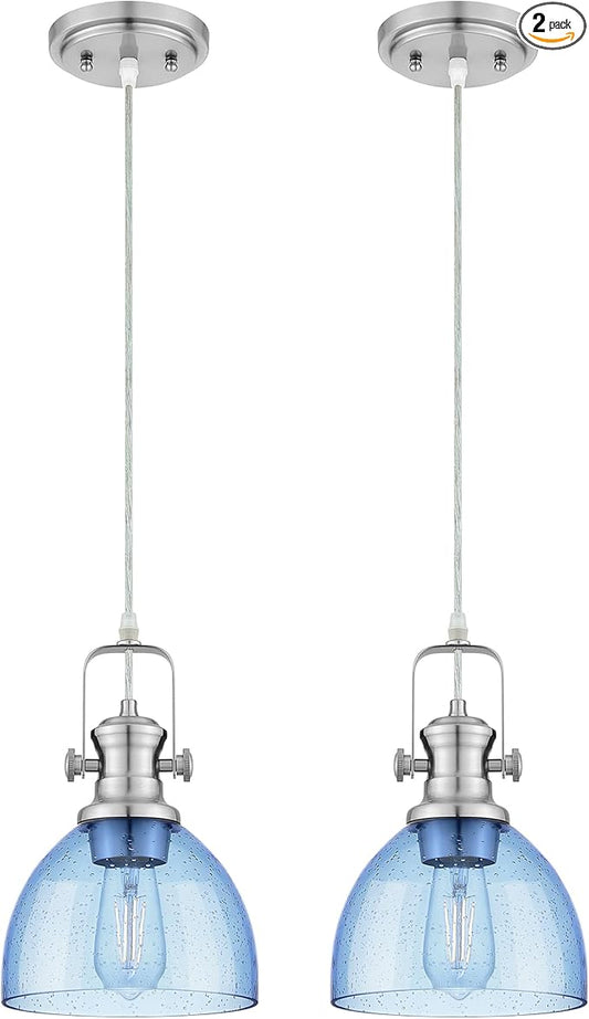 2 Pack Pendant Lights Kitchen Island, 7.5" Farmhouse Pendant Lighting with Blue Seeded Glass Shade, Vintage Hanging Light Fixtures for Dining Room, Brushed Nickel Finish, AD-22151-1P2-SN-BL