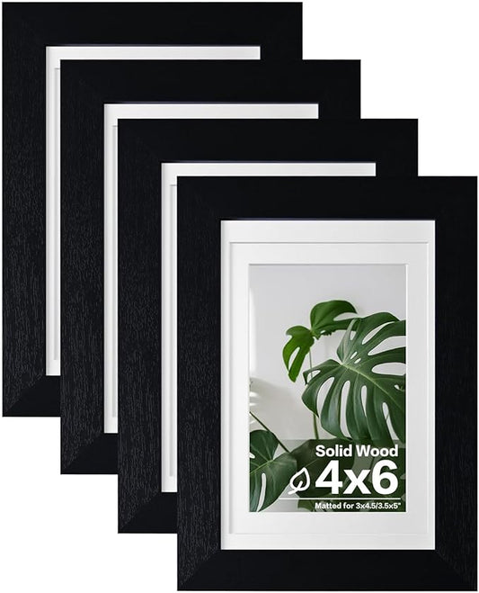 Egofine 4x6 Picture Frames 4PCS Covered by Plexiglass for Picture 3x4.5/3.5x5 with Mat or 4x6 whitout Mat Made of Solid Wood for Table Top Display and Wall Mounting Photo Frame, Black with Texture