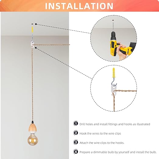 Arturesthome 16.4FT- Pendant Light Cord Hanging Light Kit with Dimmable Switch Vintage Lamp Cord with Twisted Nylon Lights Socket E26 E27 for Farmhouse Lamp Cable DIY