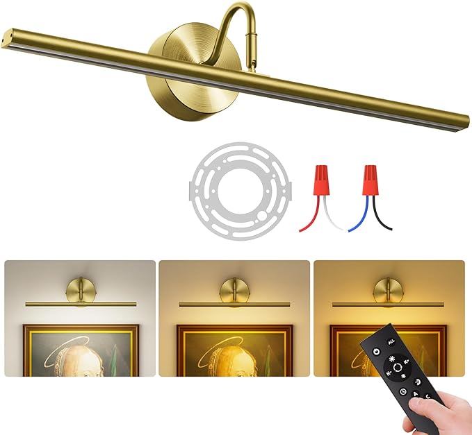 Hardwired Picture Lights for Wall 23.9" LED Wall Art Lights with Remote, 3CCT Dimmable Gallery Art Light for Paintings Poster Light, 15W, 2700K-6500K, 1200LM, Brass