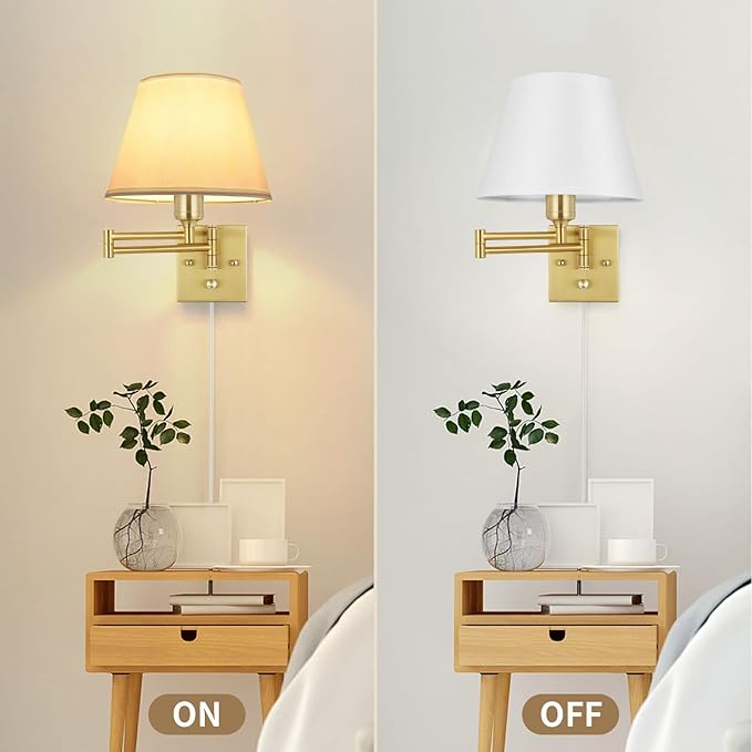TRLIFE Wall Sconce Plug in, Brushed Brass Dimmable Wall Sconces Set of 2 Swing Arm Wall Lights with Plug in Cord and Dimmer On/Off Knob Switch, 9.4" Medium White Fabric Shade(2 LED Bulbs Included)