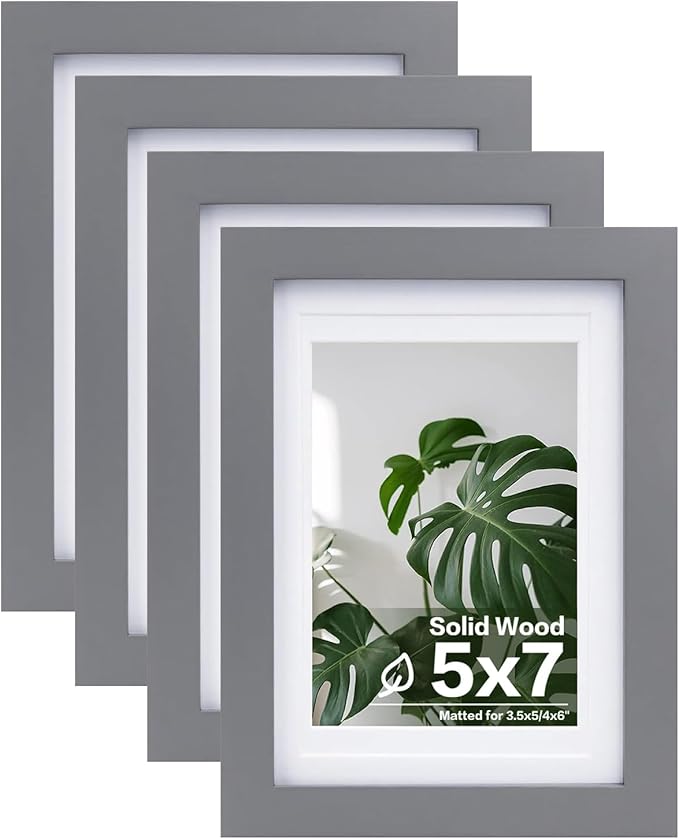 Egofine 5x7 Picture Frames 4 Pack Covered by Plexiglass for Picture 4x6 with Mat or 5x7 whitout Mat Made of Solid Wood for Table Top Display and Wall Mounting Photo Frame, Dark Gray