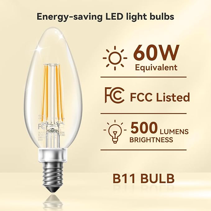 TJOY LED Candelabra Bulbs Dimmable, 60W Equivalent Chandelier Light Bulbs, E12 Small Base, 4.5W 5000K Daylight, B11 Vintage LED Filament Clear Glass Candle Light for Ceiling Fan, Chandeliers, 6 Pack