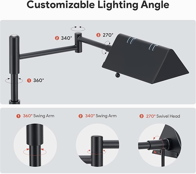 VONLUCE Dimmable LED Floor Lamp, 56" Floor Lamp for Living Room with Adjustable Height Swing Arms 3 Color Temperatures, Industrial Standing Pole Lamp for Bedroom Reading, Black