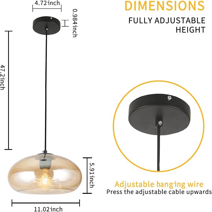Glass Pendant Lights Kitchen Island Lighting Globe Pendant Light Fixtures IIndustrial Vintage Pendant Lighting for Kitchen Island Bedroom Living Dining Room Light Fixture(Amber)