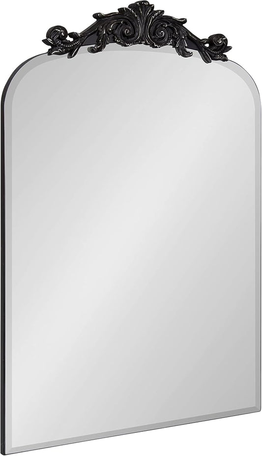 Kate and Laurel Arendahl Ornate Beveled Frameless Arched Mirror; 20 x 30; Black; Decorative Baroque Style Wall Mirror with Ornamental Crown Top