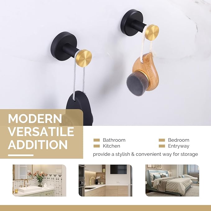 Angle Simple Hand Towel Holder Black & Gold 2 PCS, Stainless Steel Bath Towel Hook, Bathroom Robe Hanger Wall Mount
