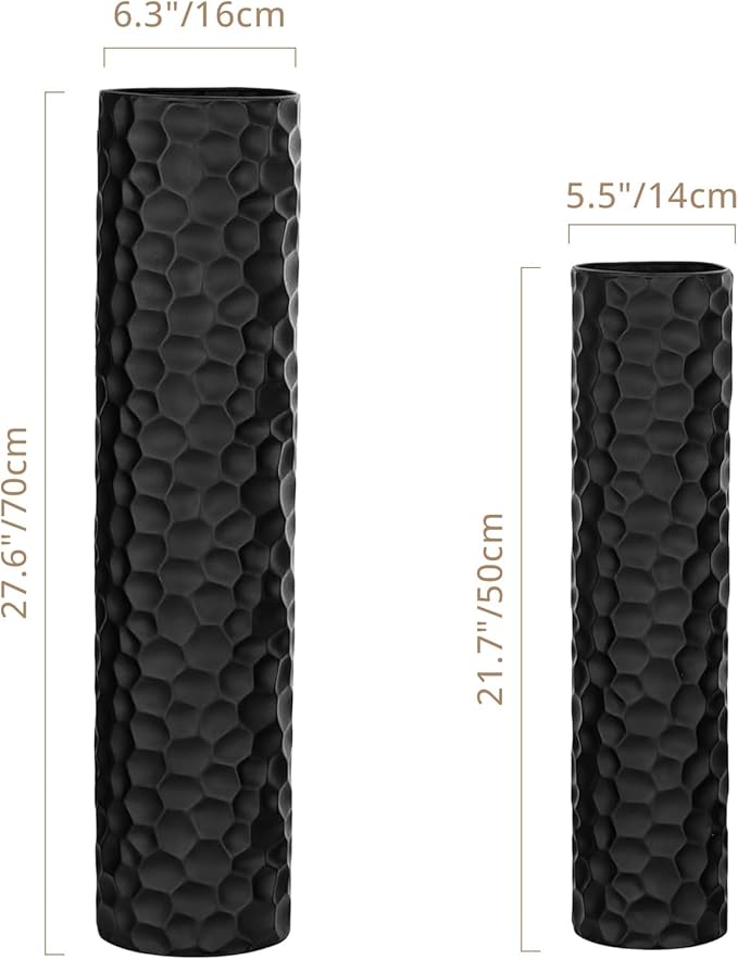Tall Matte Black Floor Vase Set of 2, 27.6" & 21.7" H Extra Large Cylindrical Metal Standing Vase, Modern Big Floor Vases with Hammered Texture & Weighted Base for Living Room Bedroom Corner Decor